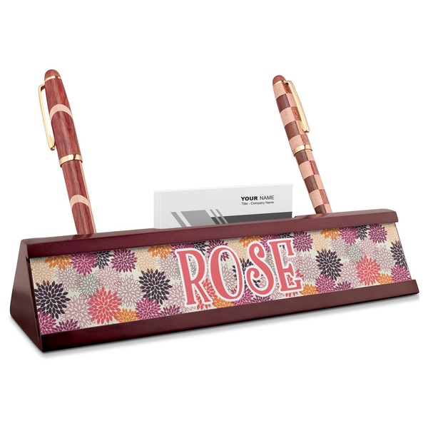 Custom Mums Flower Red Mahogany Nameplate with Business Card Holder (Personalized)
