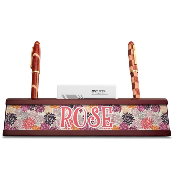 Mums Flower Red Mahogany Nameplates with Business Card Holder - Straight