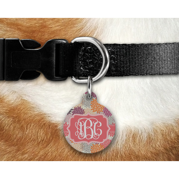 Mums Flower Round Pet Tag on Collar & Dog