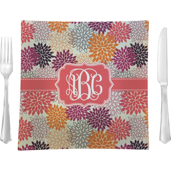 Custom Mums Flower 9.5" Glass Square Lunch / Dinner Plate- Single or Set of 4 (Personalized)