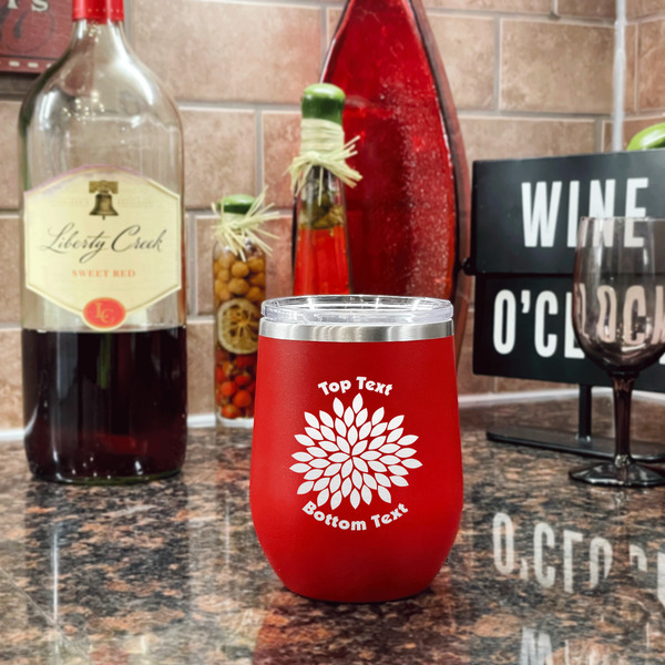 Mums Flower Stainless Wine Tumblers - Red - Single Sided - In Context