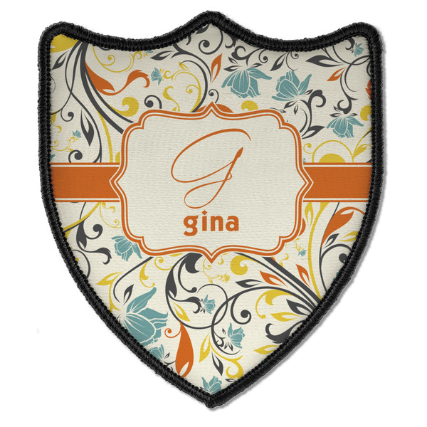 Custom Swirly Floral Iron On Shield Patch B w/ Name and Initial