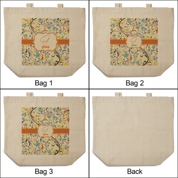 Swirly Floral 3 Reusable Cotton Grocery Bags - Front & Back View