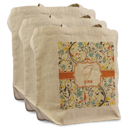 Swirly Floral Reusable Cotton Grocery Bags - Set of 3 (Personalized)