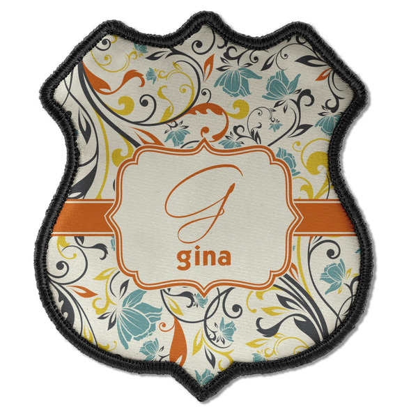 Custom Swirly Floral Iron On Shield Patch C w/ Name and Initial