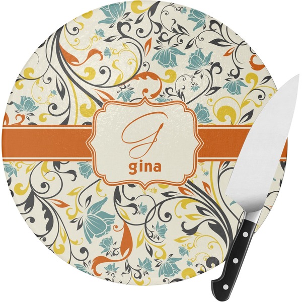 Custom Swirly Floral Round Glass Cutting Board - Small (Personalized)