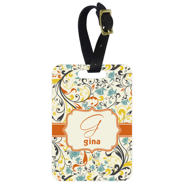 Custom Swirly Floral Metal Luggage Tag w/ Name and Initial