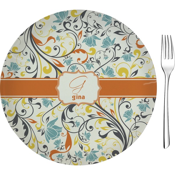 Custom Swirly Floral 8" Glass Appetizer / Dessert Plates - Single or Set (Personalized)