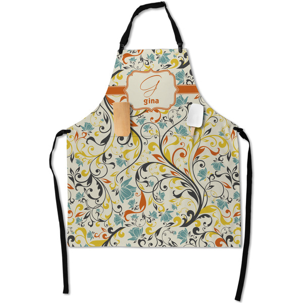 Custom Swirly Floral Apron With Pockets w/ Name and Initial