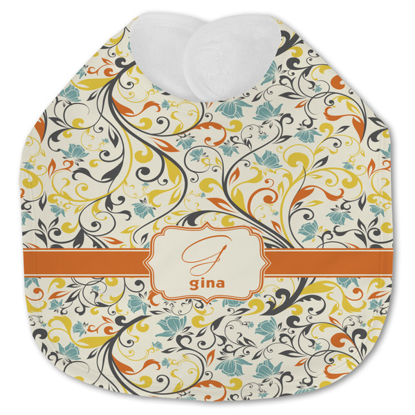 Custom Swirly Floral Jersey Knit Baby Bib w/ Name and Initial