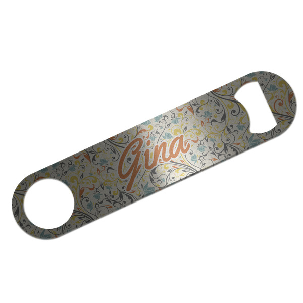 Custom Swirly Floral Bar Bottle Opener - Silver w/ Name and Initial