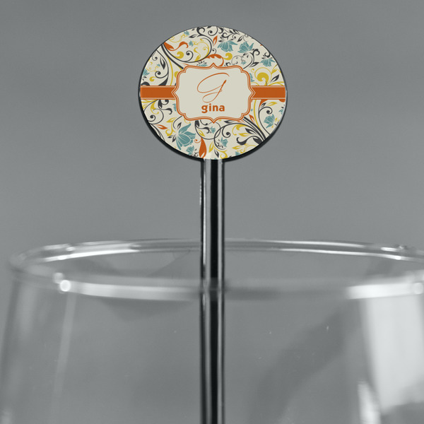 Swirly Floral Black Plastic 5.5" Stir Stick - Round - Main