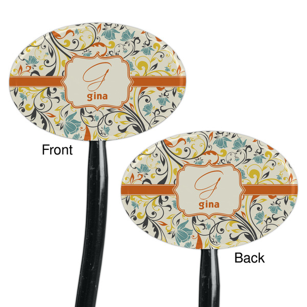 Swirly Floral Black Plastic 7" Stir Stick - Double Sided - Oval - Front & Back