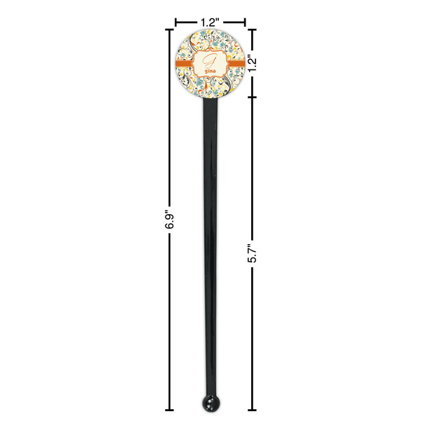 Swirly Floral Black Plastic 7" Stir Stick - Round - Dimensions