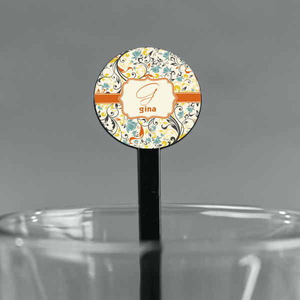 Swirly Floral Black Plastic 7" Stir Stick - Round - Main