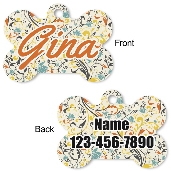 Swirly Floral Bone Shaped Dog Tag - Front & Back