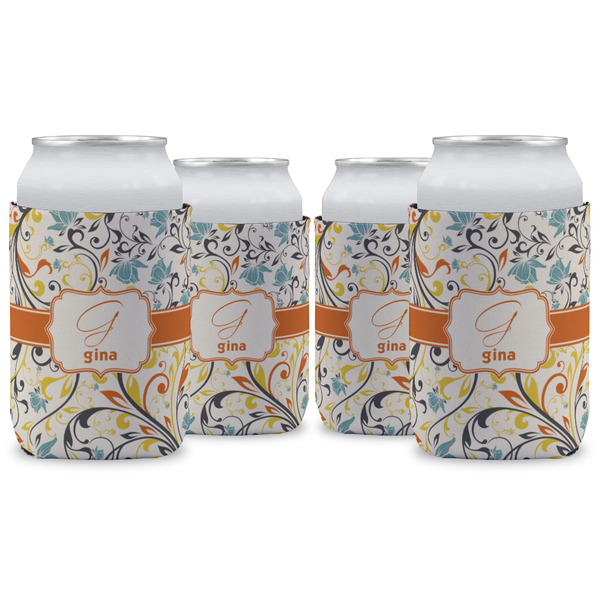 Custom Swirly Floral Can Cooler (12 oz) - Set of 4 w/ Name and Initial