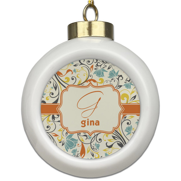 Custom Swirly Floral Ceramic Ball Ornament (Personalized)