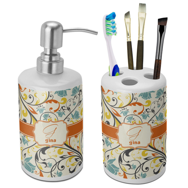 Custom Swirly Floral Ceramic Bathroom Accessories Set (Personalized)