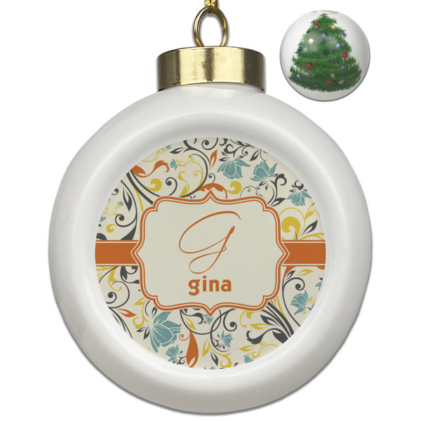 Custom Swirly Floral Ceramic Ball Ornament - Christmas Tree (Personalized)