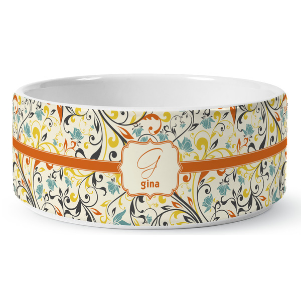 Swirly Floral Ceramic Dog Bowl - Medium - Front