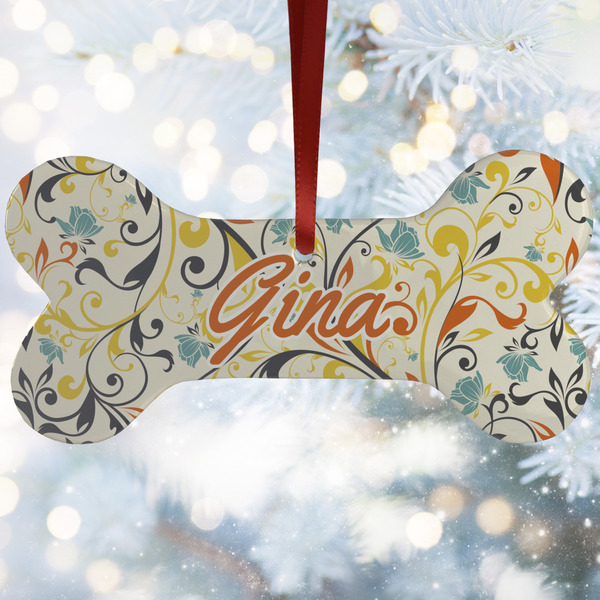 Custom Swirly Floral Ceramic Dog Ornament w/ Name and Initial