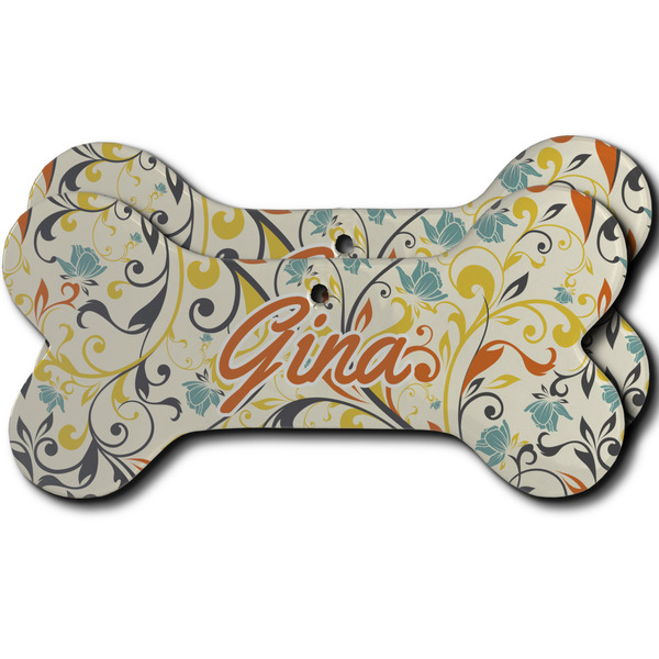 Custom Swirly Floral Ceramic Dog Ornament - Front & Back w/ Name and Initial
