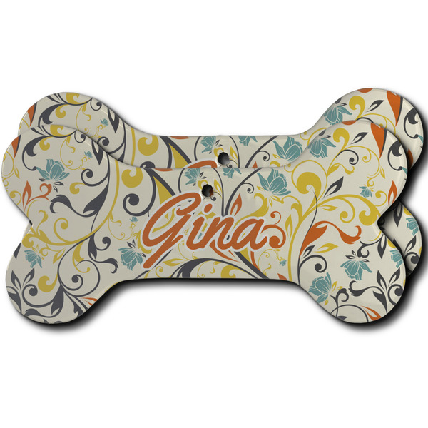 Custom Swirly Floral Ceramic Dog Ornament - Front & Back w/ Name and Initial