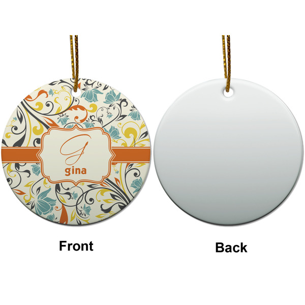 Swirly Floral Ceramic Flat Ornament - Circle Front & Back (APPROVAL)