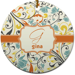 Swirly Floral Round Ceramic Ornament w/ Name and Initial