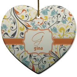 Swirly Floral Heart Ceramic Ornament w/ Name and Initial