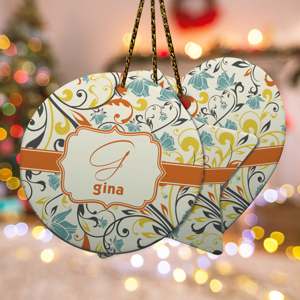 Custom Swirly Floral Ceramic Ornament w/ Name and Initial