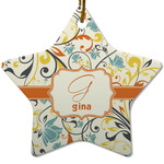 Swirly Floral Star Ceramic Ornament w/ Name and Initial