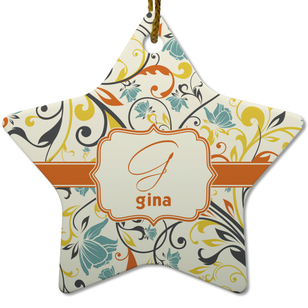 Custom Swirly Floral Star Ceramic Ornament w/ Name and Initial