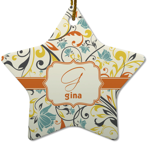 Swirly Floral Ceramic Flat Ornament - Star (Front)