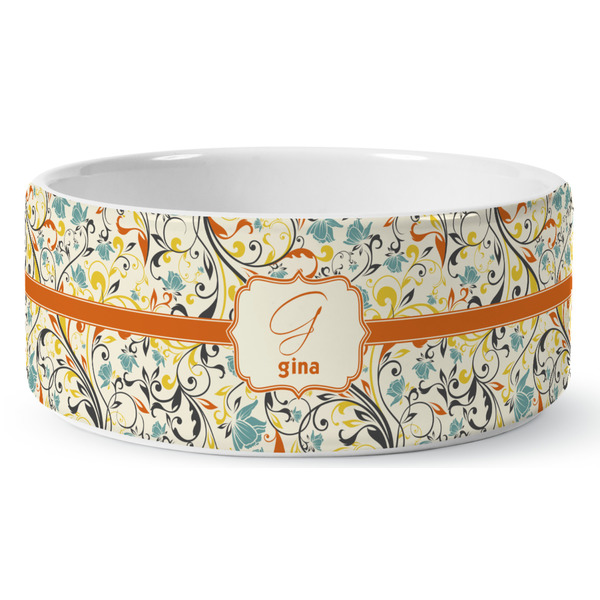 Custom Swirly Floral Ceramic Dog Bowl (Personalized)