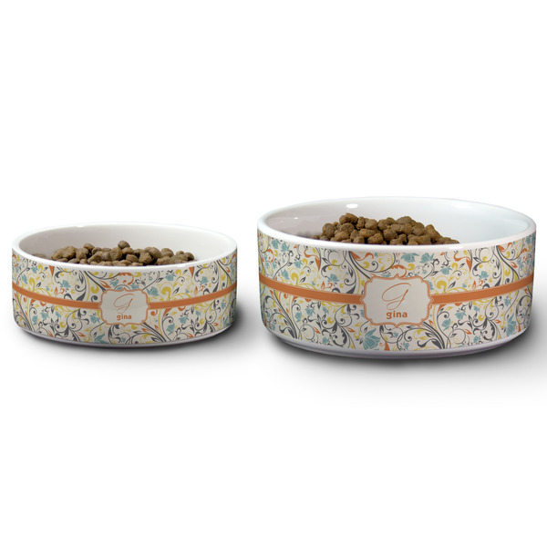 Swirly Floral Ceramic Dog Bowls - Size Comparison
