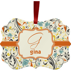 Swirly Floral Metal Frame Ornament - Double Sided w/ Name and Initial