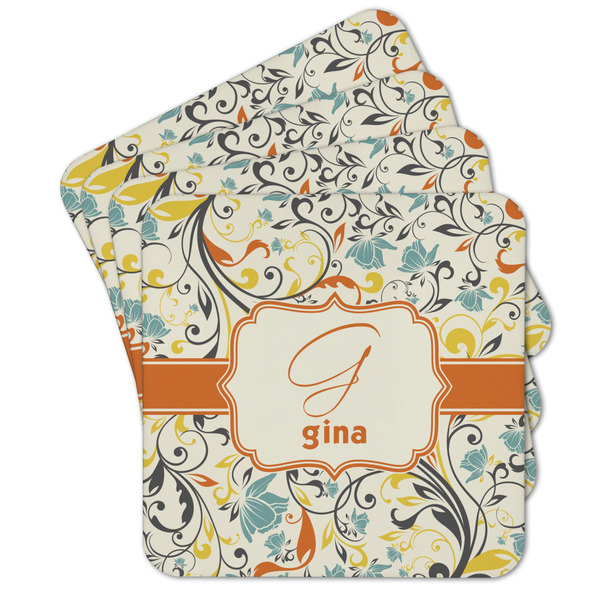 Custom Swirly Floral Cork Coaster - Set of 4 w/ Name and Initial