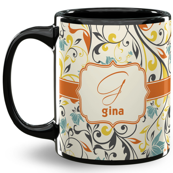 Custom Swirly Floral 11 Oz Coffee Mug - Black (Personalized)