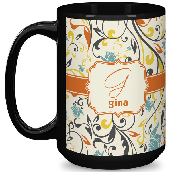 Custom Swirly Floral 15 Oz Coffee Mug - Black (Personalized)