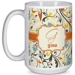 Swirly Floral 15 Oz Coffee Mug - White (Personalized)