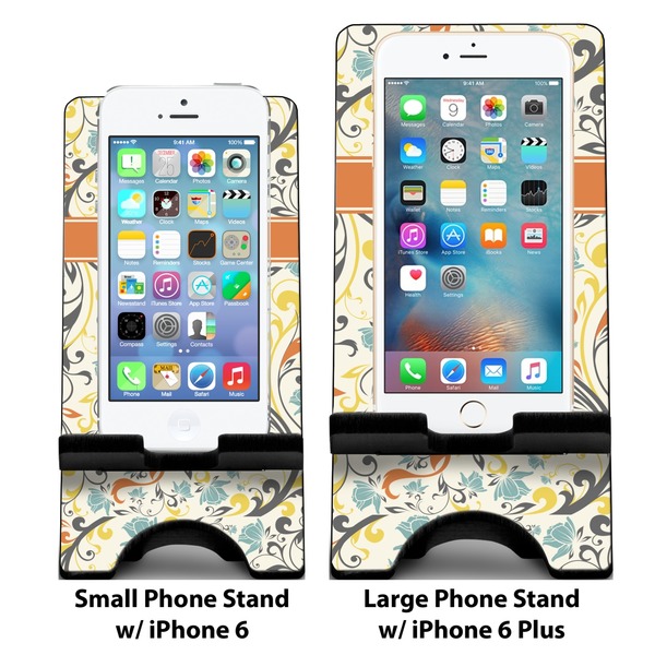 Swirly Floral Compare Phone Stand Sizes - with iPhones