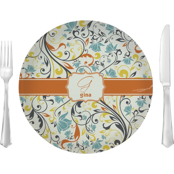 Custom Swirly Floral Glass Lunch / Dinner Plate 10" (Personalized)