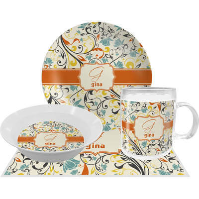 Swirly Floral Dinner Set - Single 4 Pc Setting w/ Name and Initial