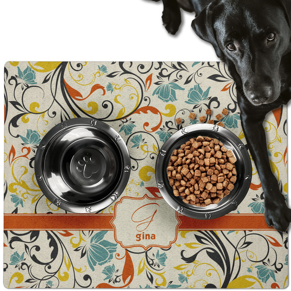 Custom Swirly Floral Dog Food Mat - Large w/ Name and Initial