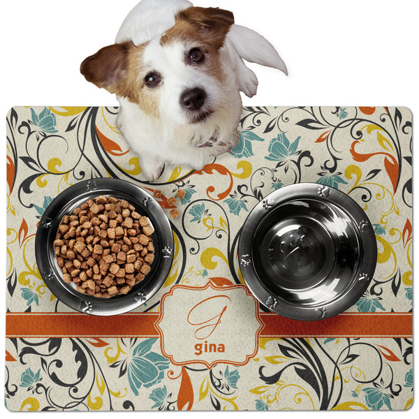 Custom Swirly Floral Dog Food Mat - Medium w/ Name and Initial