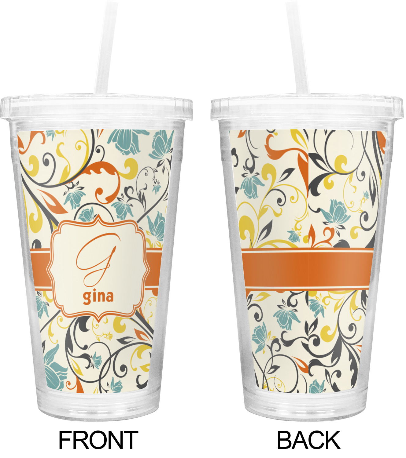 Swirly Floral Double Wall Tumbler with Straw (Personalized