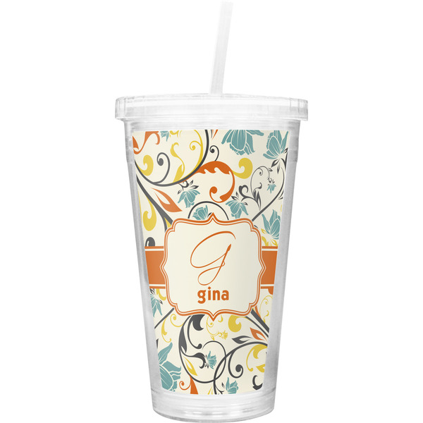 Custom Swirly Floral Double Wall Tumbler with Straw (Personalized)