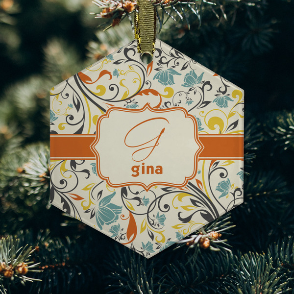 Swirly Floral Frosted Glass Ornament - Hexagon (Lifestyle)